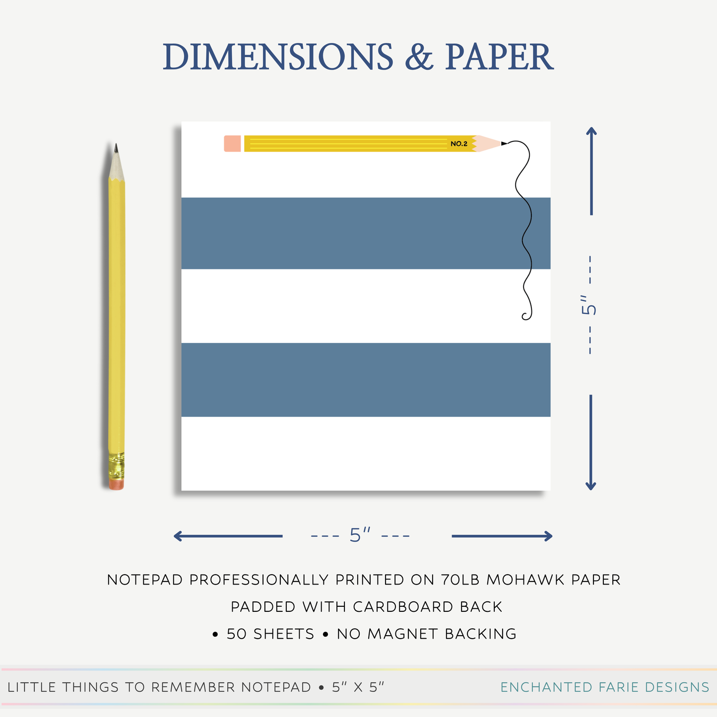 Slate Blue Striped Notepad | Chic Desk Pad 5 x 5"
