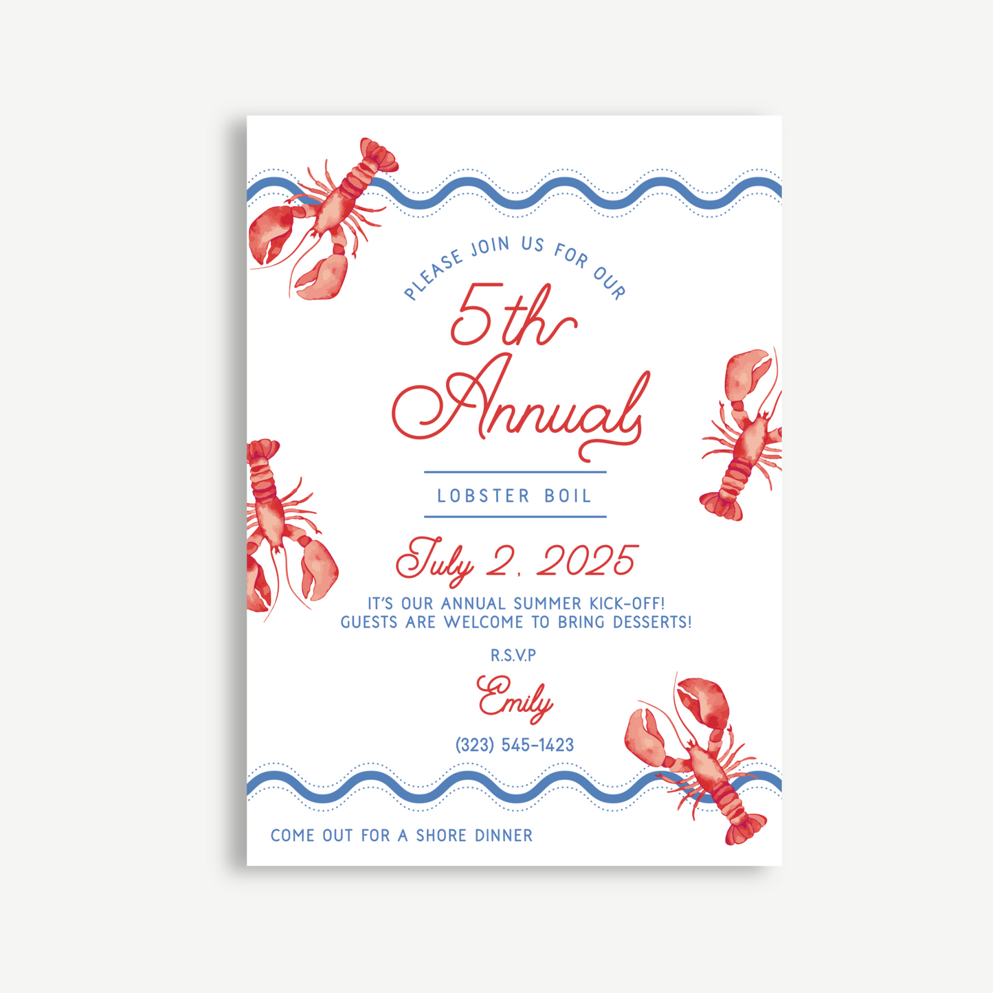 Lobster Boil Red Invitation – 5th Annual Summer Party Printable