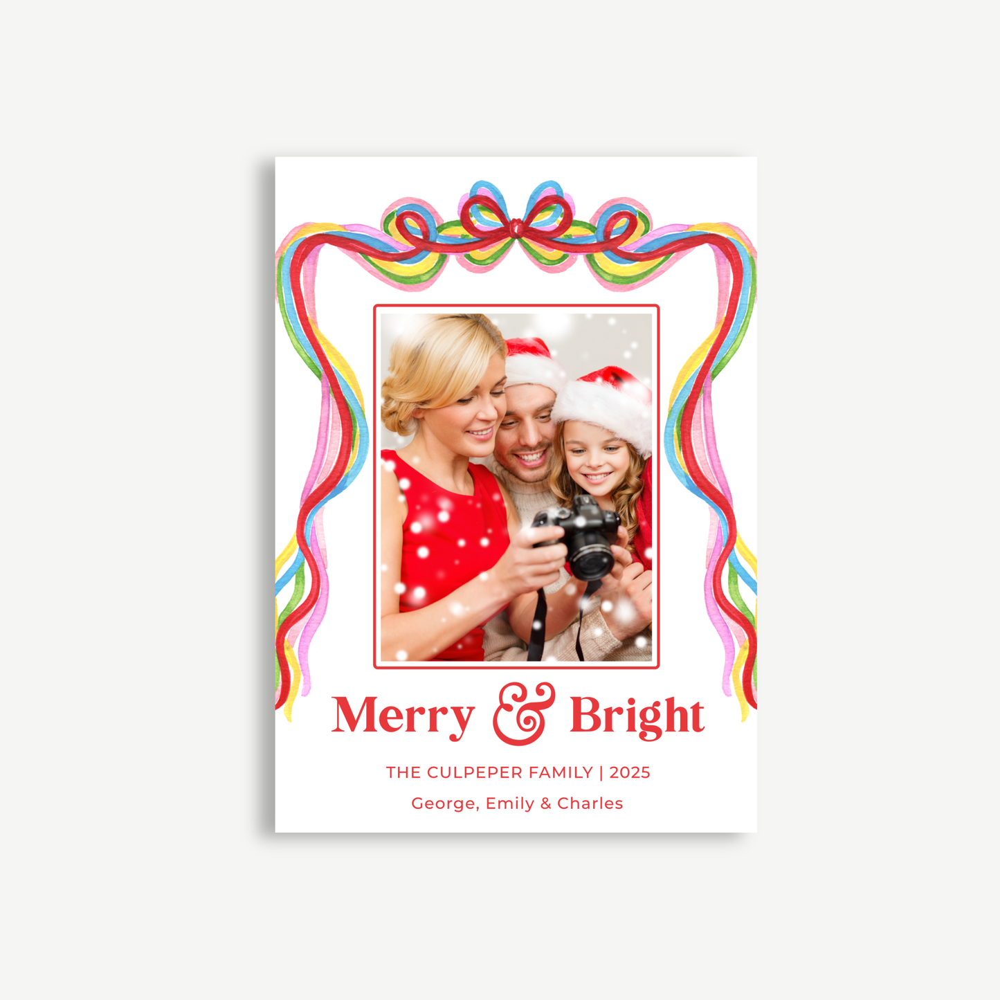 Merry & Bright Christmas Photo Card – Confetti Ribbon Edition