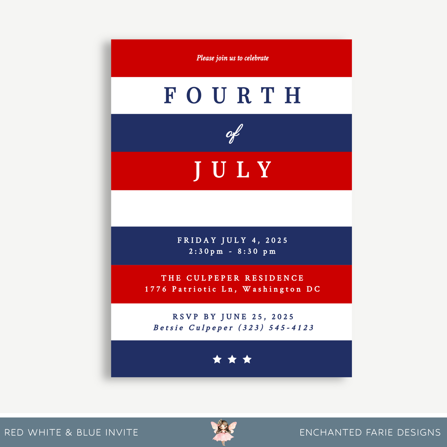 Classic 4th of July Invitation – Red, White & Blue Printable