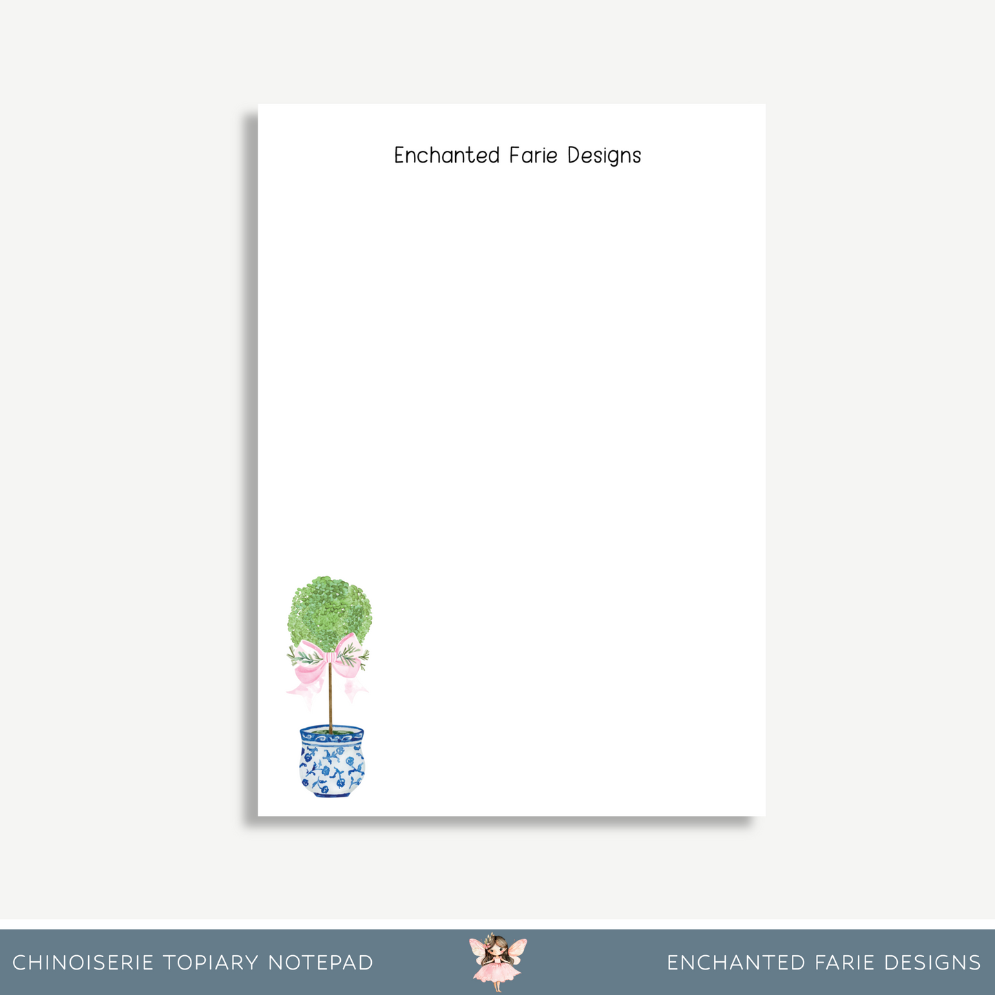 Chinoiserie Topiary Notepad – Elegant Blue & White Stationery with Pink Bow