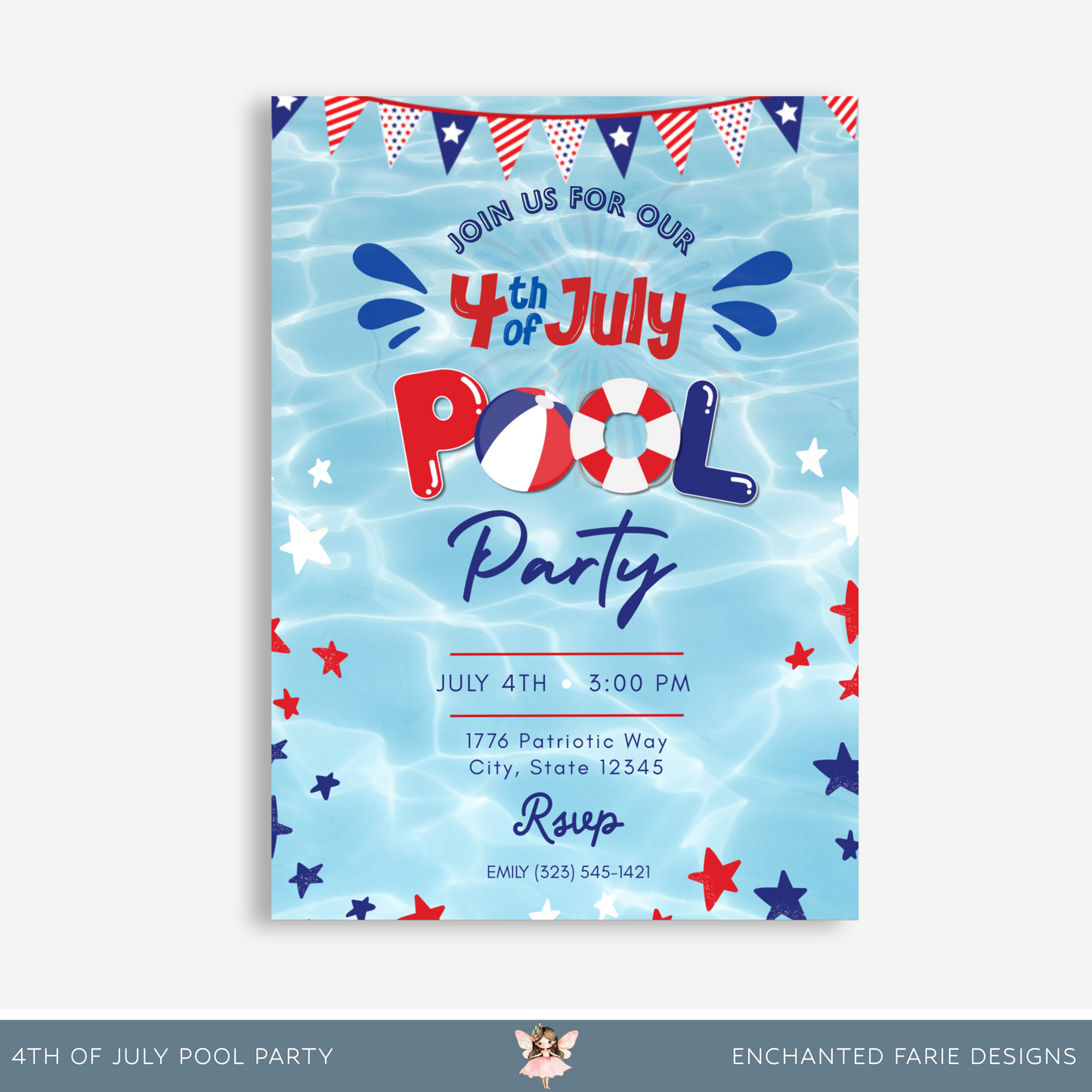 4th of July Pool Party Invitation | Editable Patriotic Summer Invite | Red, White & Blue Celebration