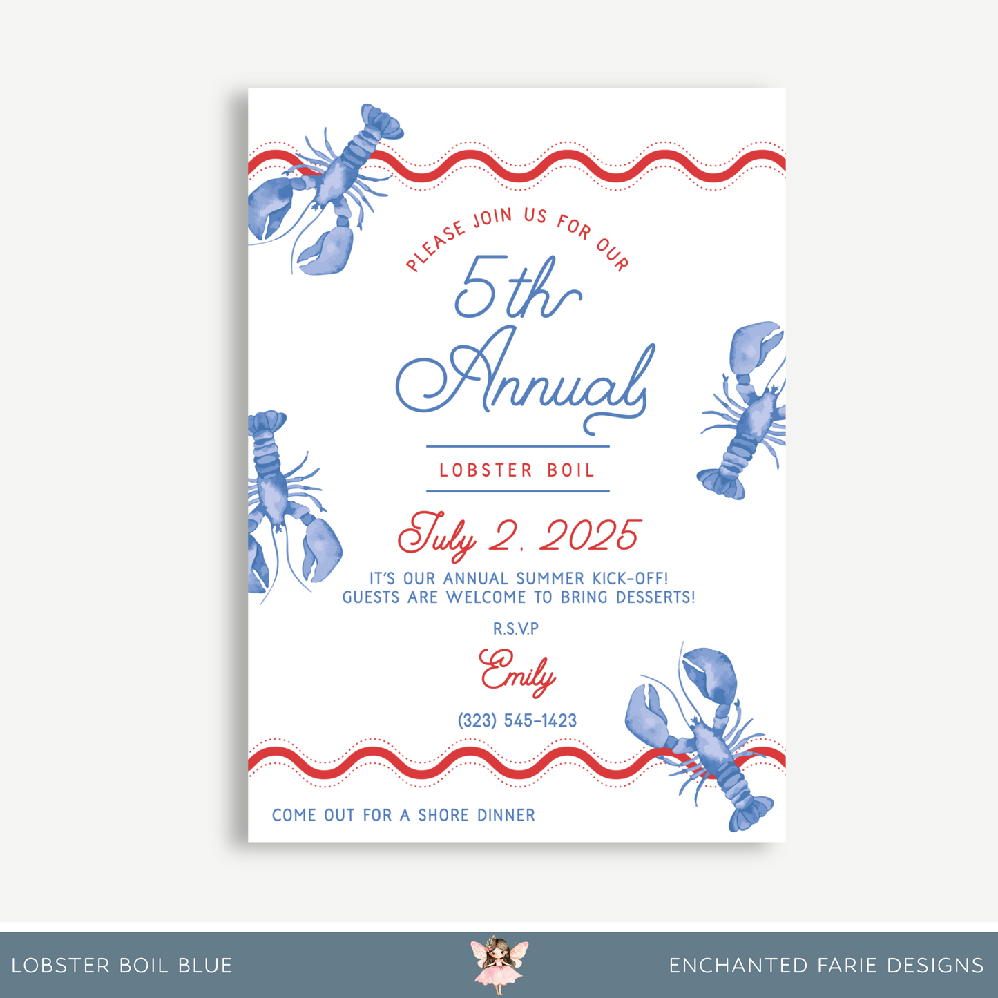 Lobster Boil Blue Invitation – 5th Annual Summer Party Printable