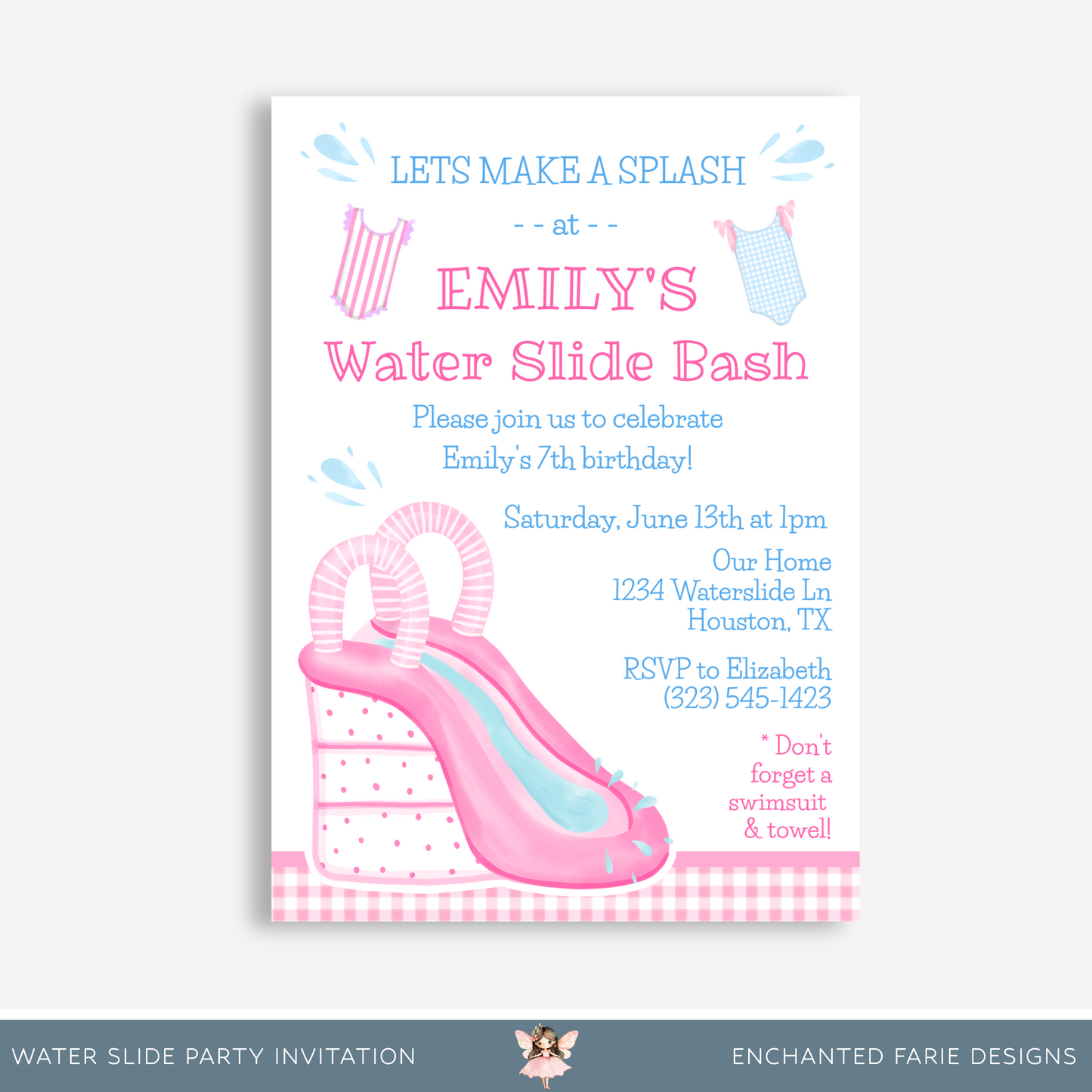 Pink Water Slide Birthday Invitation – Girls’ Summer Pool Party Printable