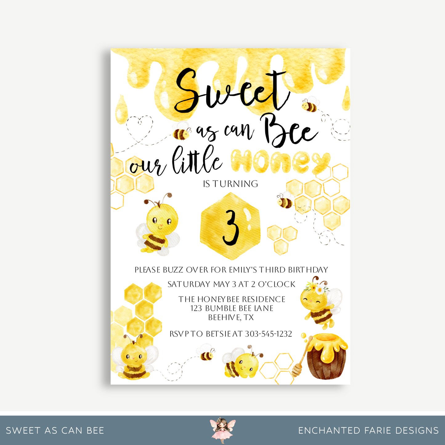 Sweet As Can Bee Birthday Invitation – Editable Bumble Bee Party Invite