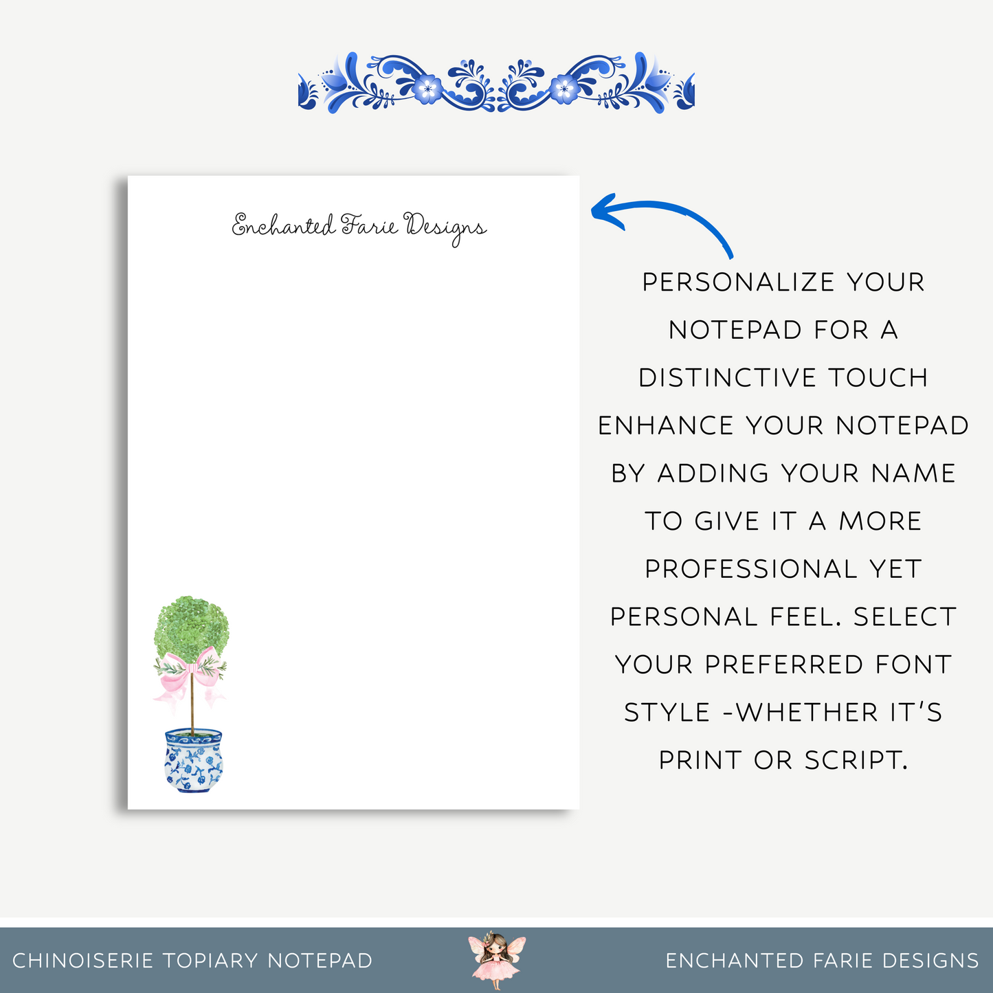 Chinoiserie Topiary Notepad – Elegant Blue & White Stationery with Pink Bow