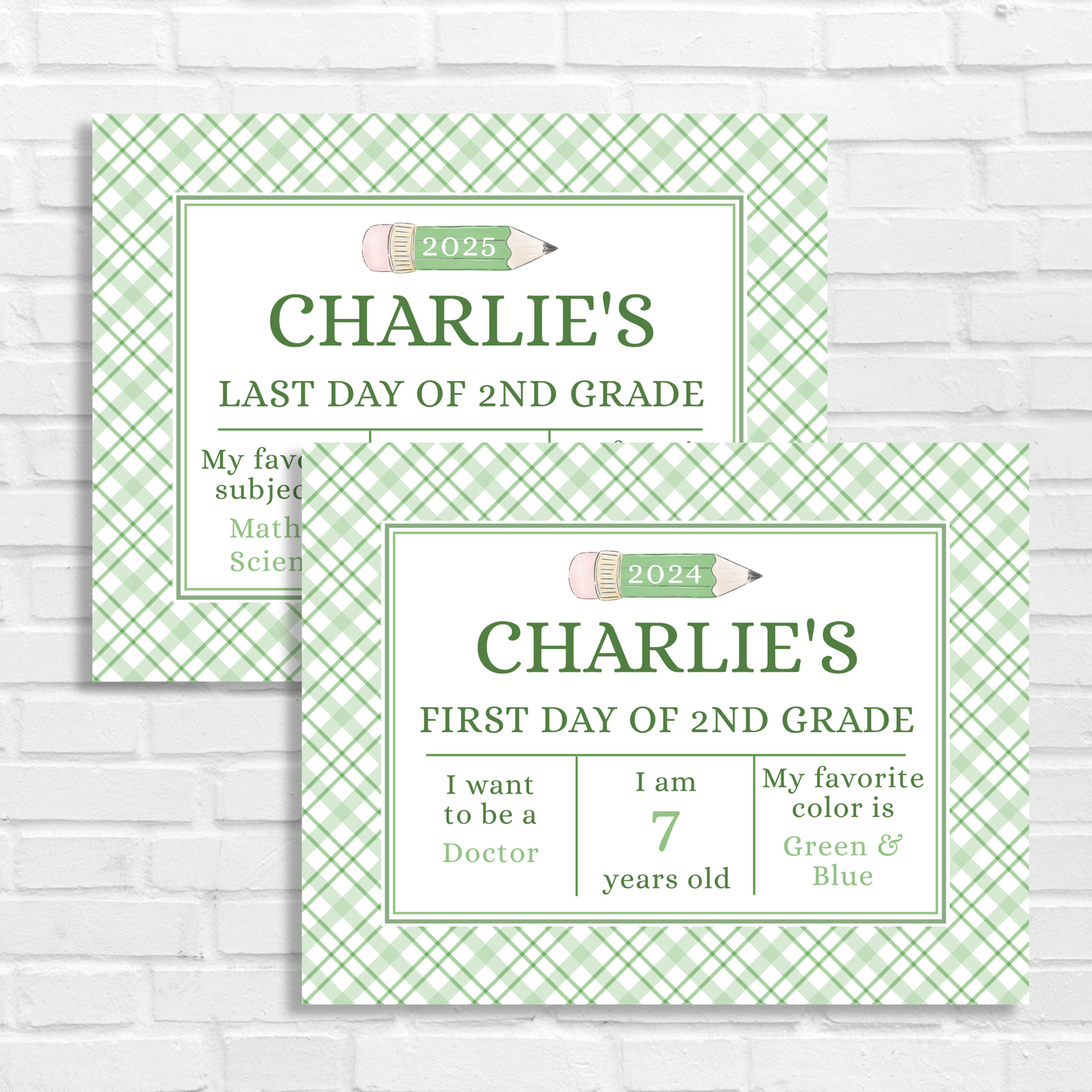 Editable First & Last Day of School Sign – Printable Green Plaid Back to School Poster