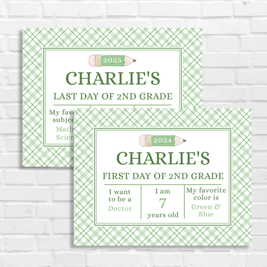 Editable First & Last Day of School Sign – Printable Green Plaid Back to School Poster