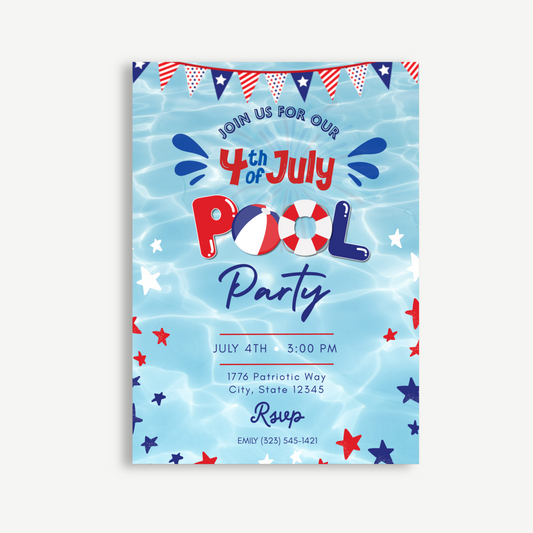 4th of July Pool Party Invitation | Editable Patriotic Summer Invite | Red, White & Blue Celebration