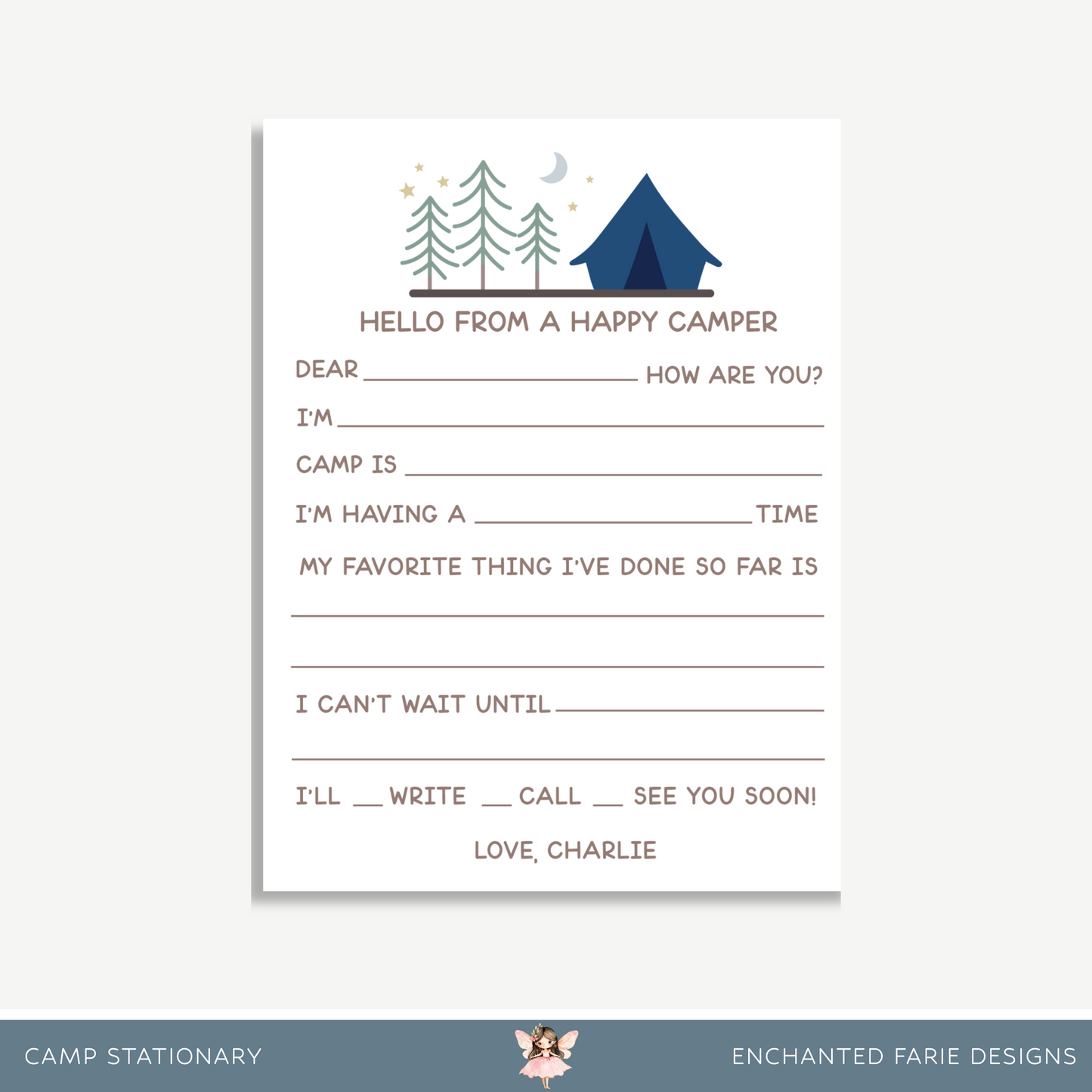 Printed Camp Letter Stationery for Kids – Happy Camper Design