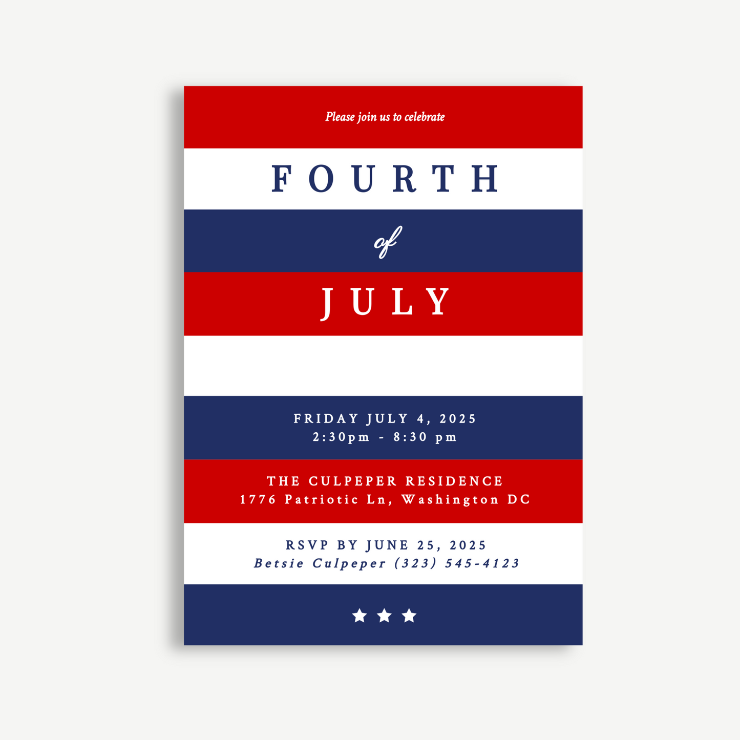Classic 4th of July Invitation – Red, White & Blue Printable