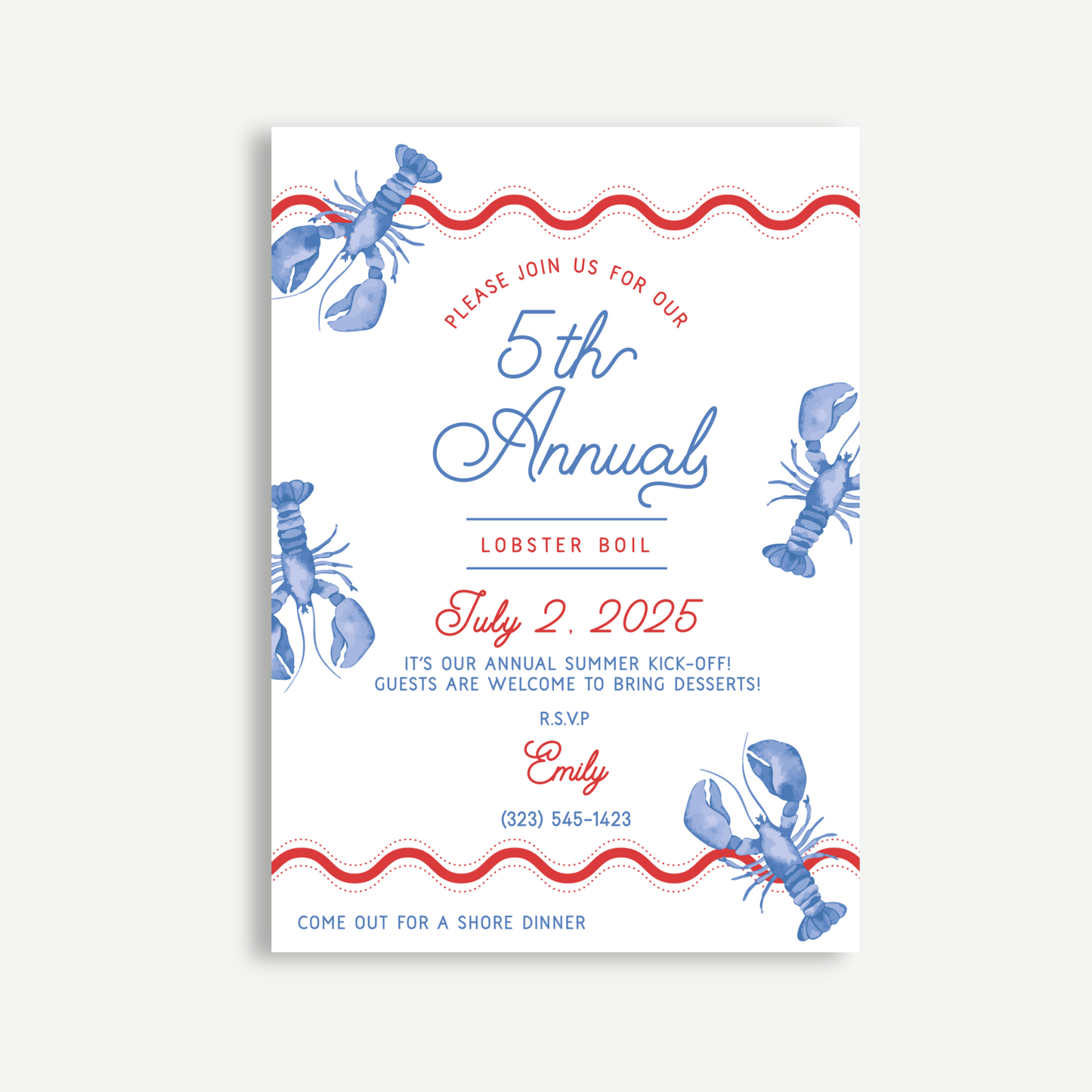 Lobster Boil Blue Invitation – 5th Annual Summer Party Printable