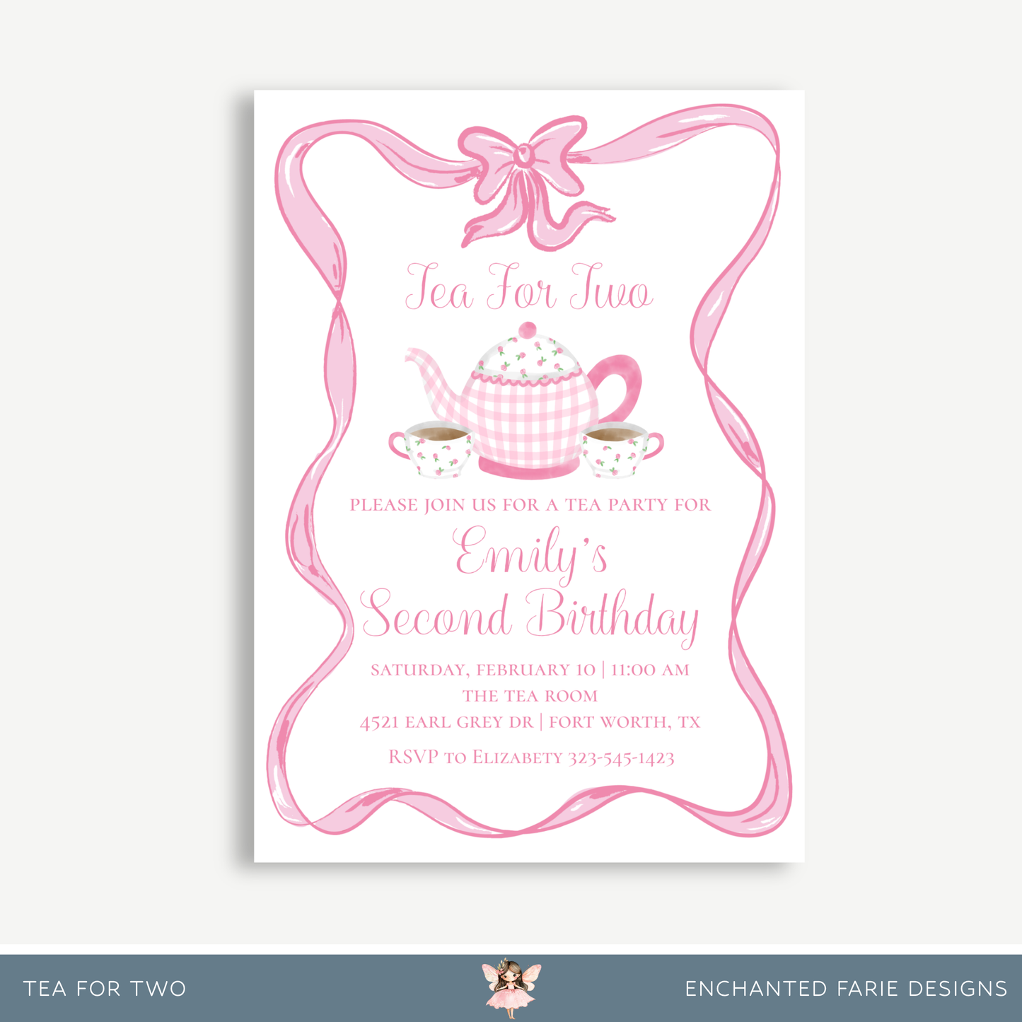 Tea for Two Birthday Invitation – Pink Gingham Teapot Party Invite