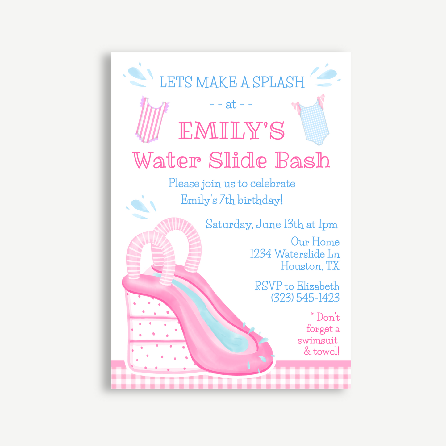 Pink Water Slide Birthday Invitation – Girls’ Summer Pool Party Printable