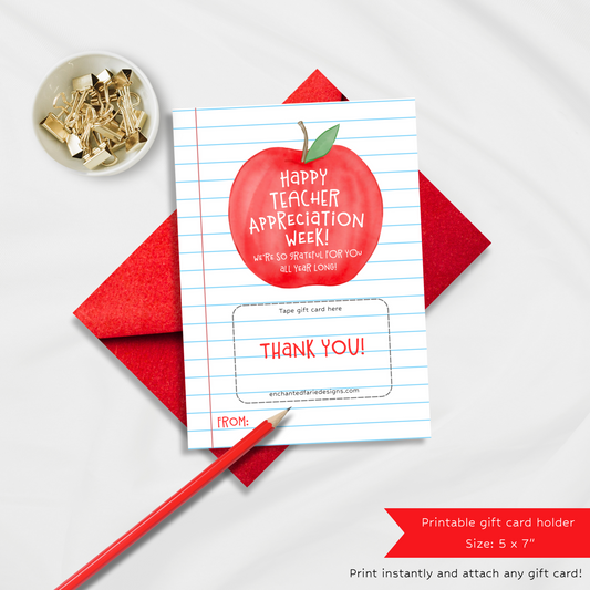 Teacher Appreciation Gift Card 5x7 Printable | Apple Design