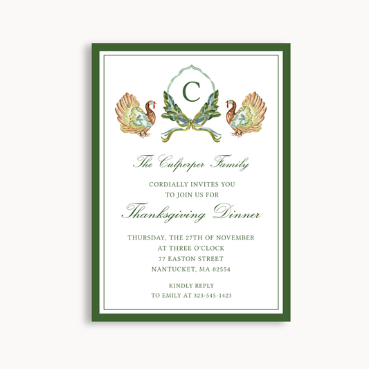 Thanksgiving Dinner Invitation – Elegant Turkeys & Laurel Design 5x7"