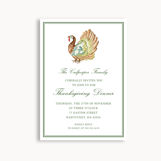 Thanksgiving Dinner Invitation | Elegant Green & Gold Turkey Design | Printable Fall Invite