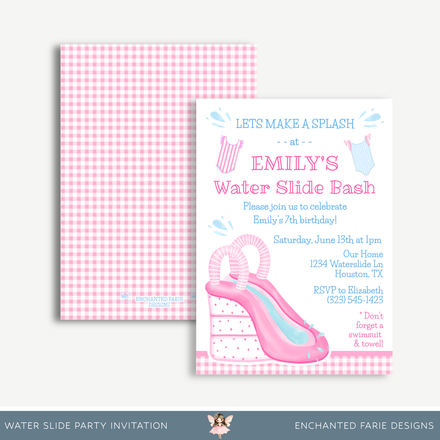 Pink Water Slide Birthday Invitation – Girls’ Summer Pool Party Printable