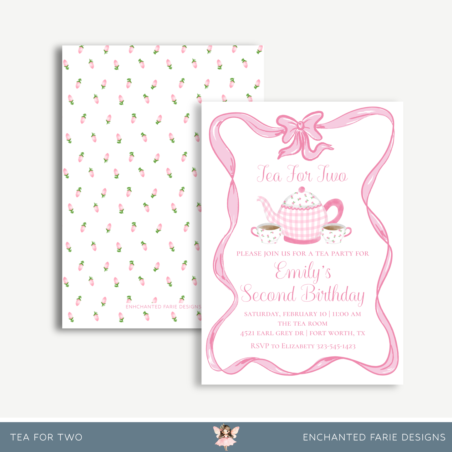 Tea for Two Birthday Invitation – Pink Gingham Teapot Party Invite