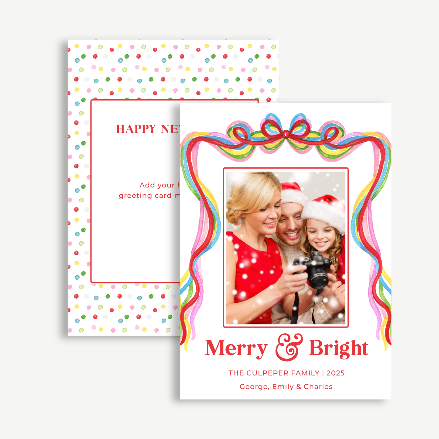 Merry & Bright Christmas Photo Card – Confetti Ribbon Edition