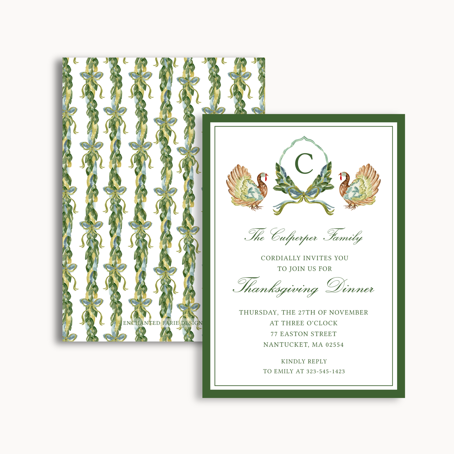 Thanksgiving Dinner Invitation – Elegant Turkeys & Laurel Design 5x7"