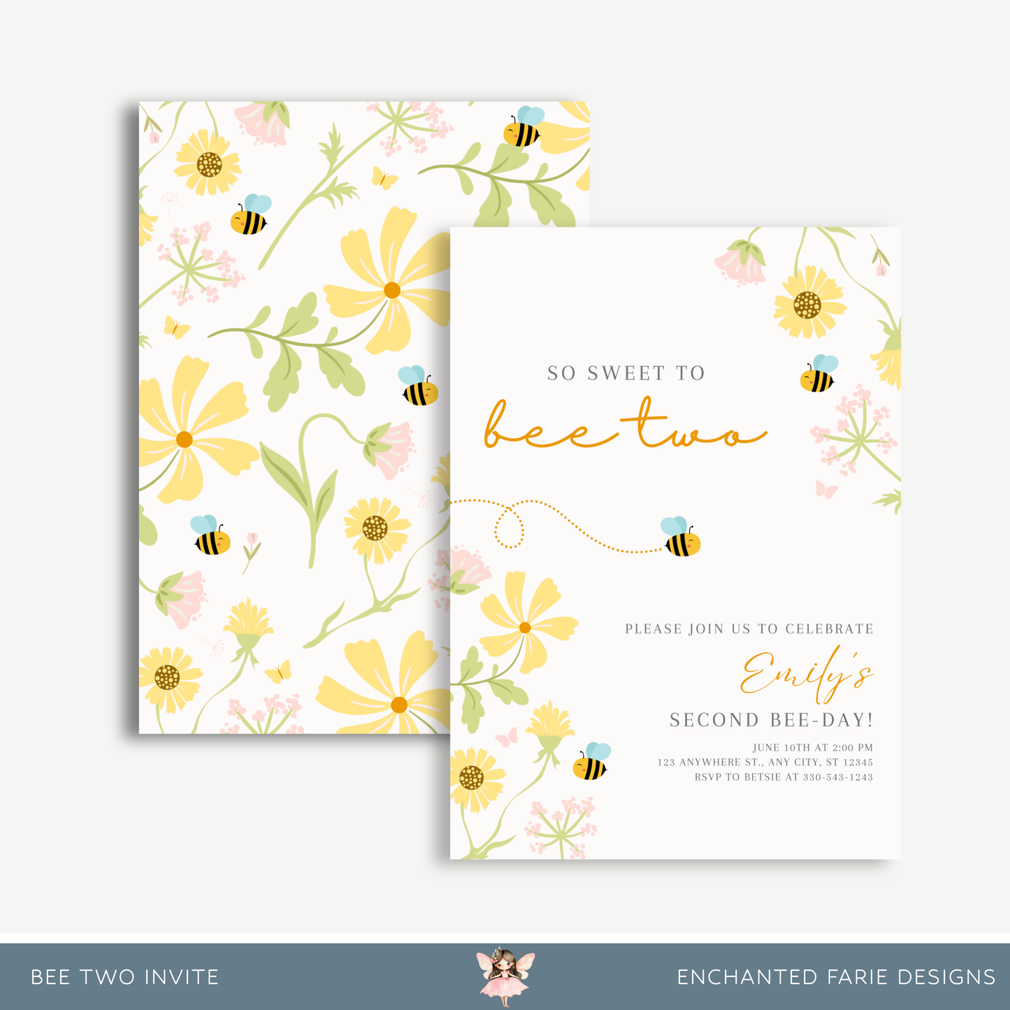 Bee Two Birthday Invitation – Editable Template