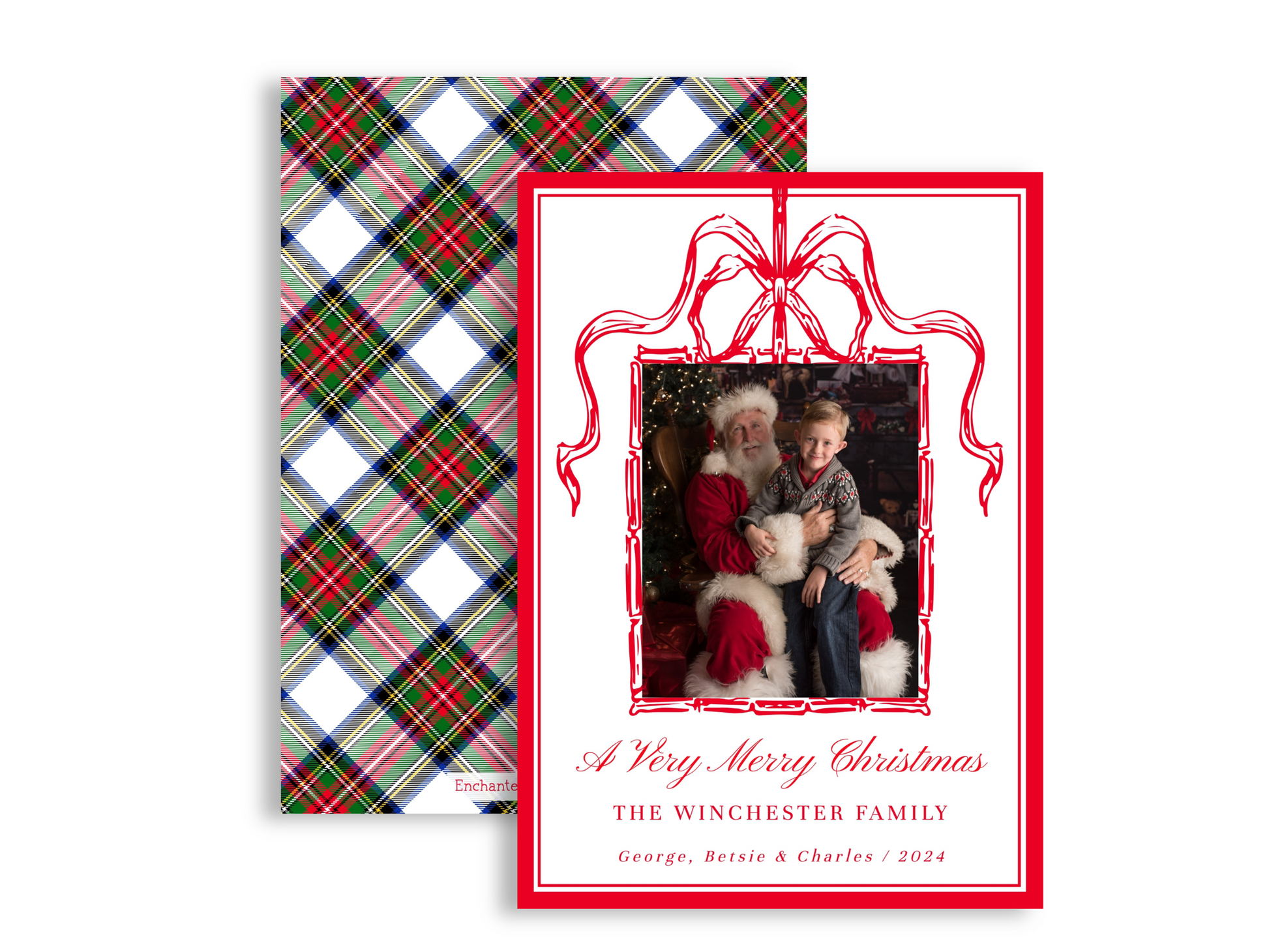 Red Bow Tartan Plaid Photo Christmas Card