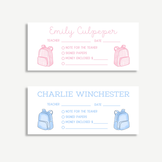 Personalized Printed School Money Envelopes – Pink or Blue Book Bag
