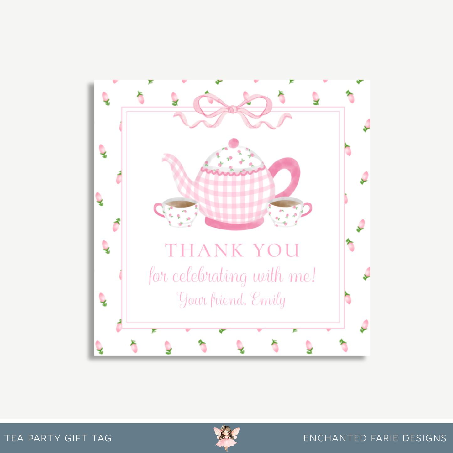Tea Party Birthday Favor Tag – Printable Pink Gingham 3x3