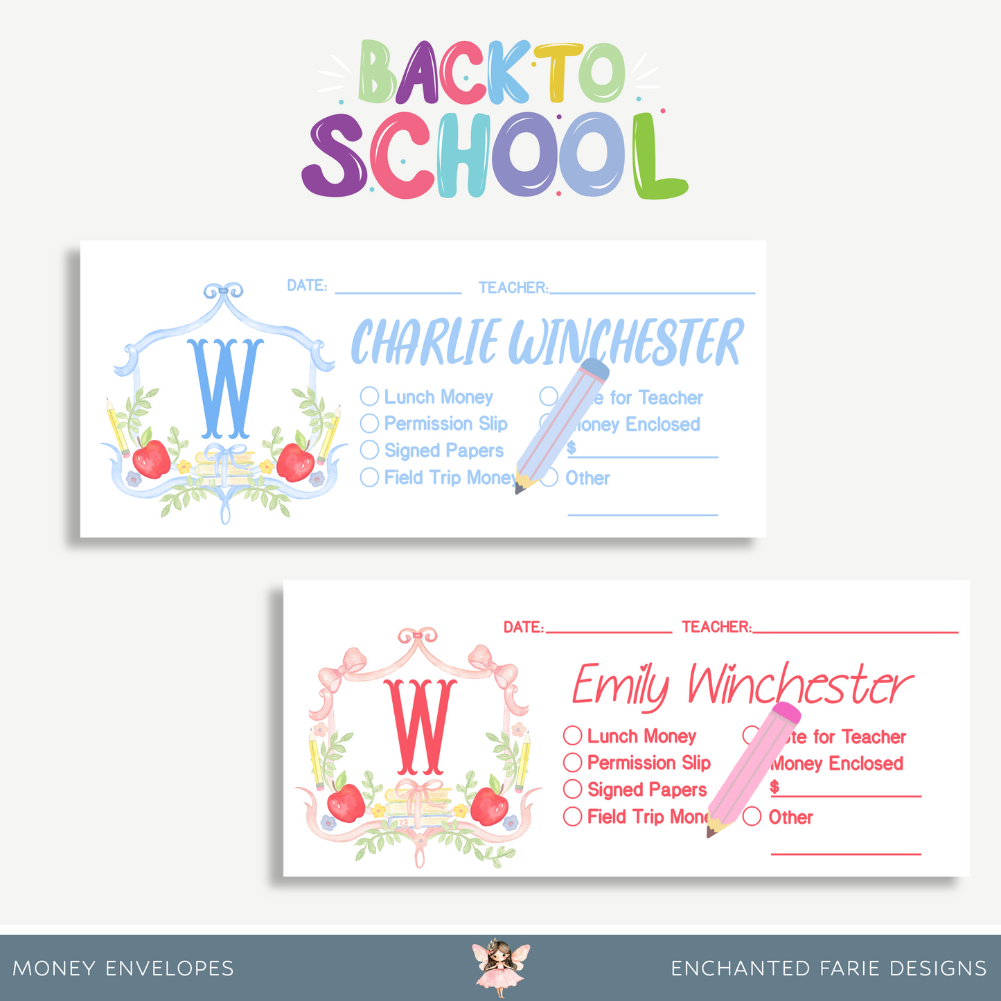 Personalized Printed School Money Envelopes –School Crest Monogram
