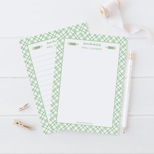 Personalized Teacher Notepad – Green Plaid Pencil