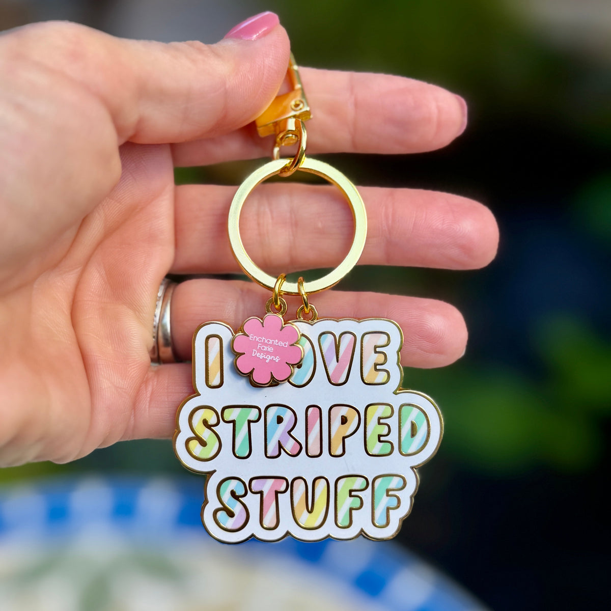 I Love Striped Stuff Keychain – Pastel Key Ring