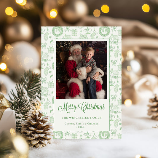 Christmas Green Toile Photo Card