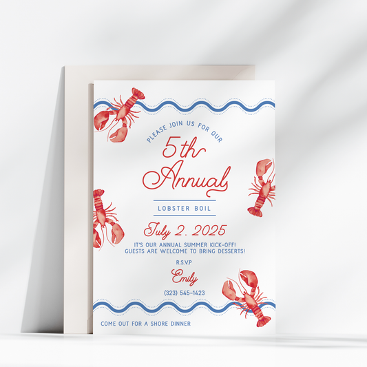Lobster Boil Red Invitation – 5th Annual Summer Party Printable