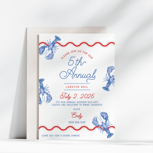 Lobster Boil Blue Invitation – 5th Annual Summer Party Printable