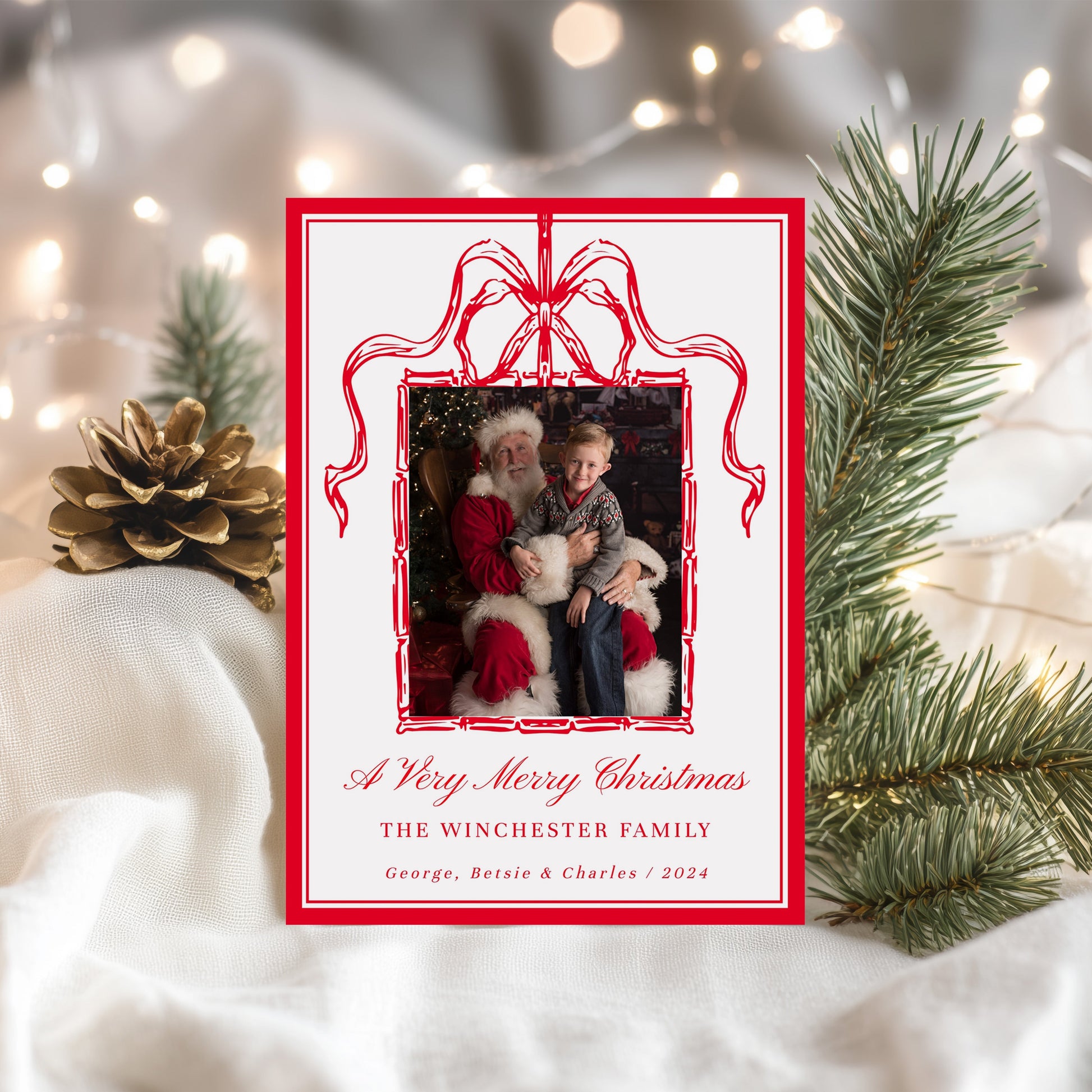 Red Bow Tartan Plaid Photo Christmas Card