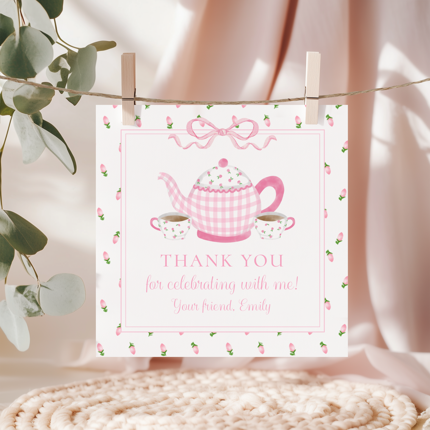 Tea Party Birthday Favor Tag – Printable Pink Gingham 3x3