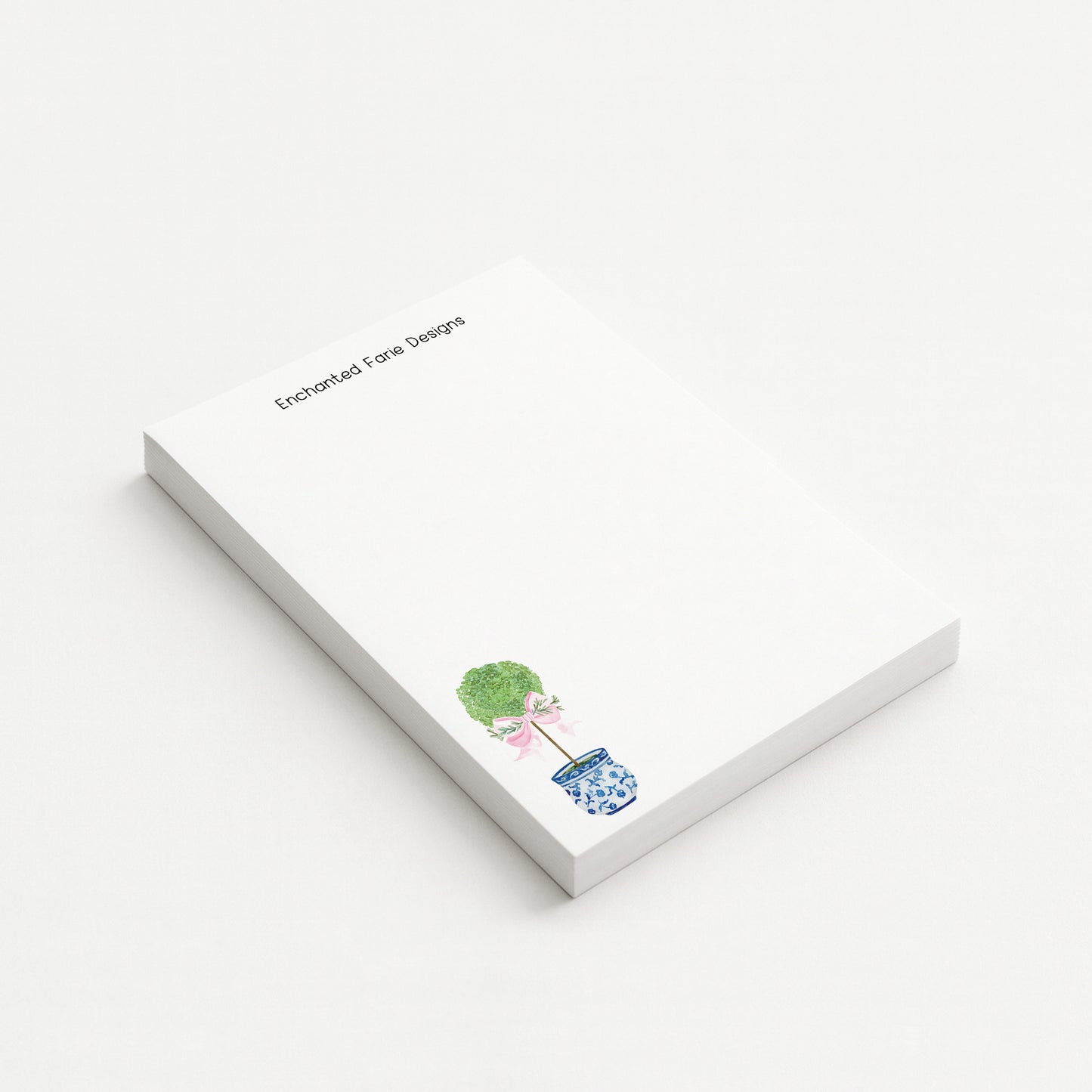 Chinoiserie Topiary Notepad – Elegant Blue & White Stationery with Pink Bow