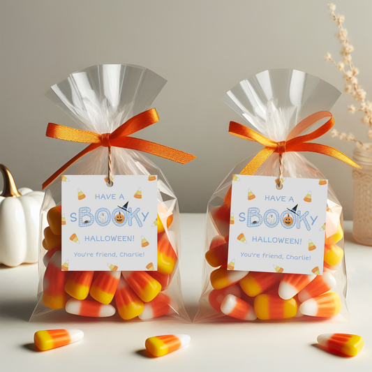 Have a sBOOKy Halloween Gift Tag | Cute Blue Gingham Printable 3x3”