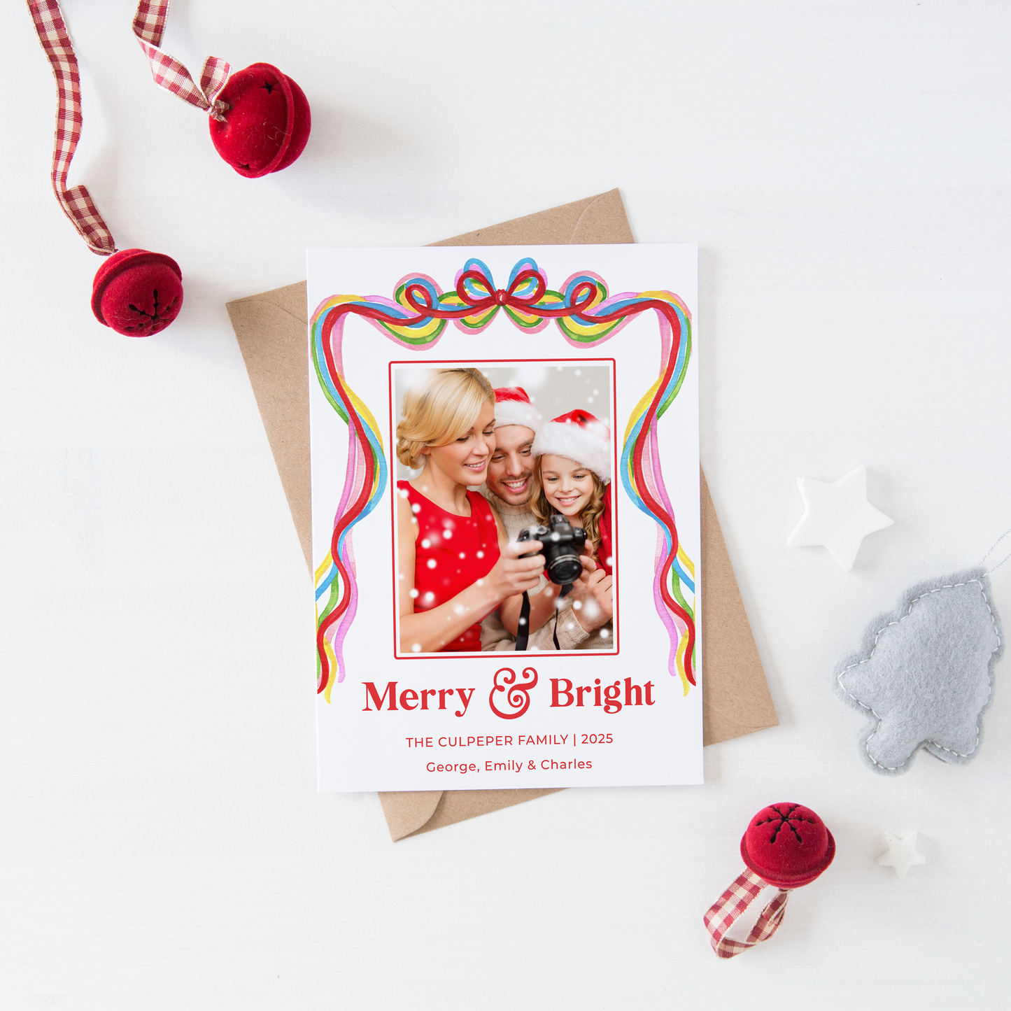 Merry & Bright Christmas Photo Card – Confetti Ribbon Edition