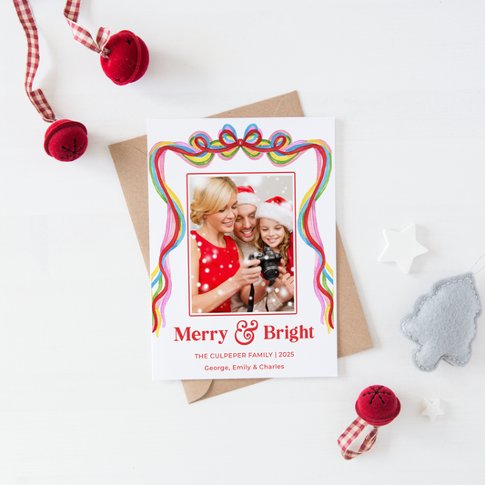 Merry & Bright Christmas Photo Card – Confetti Ribbon Edition