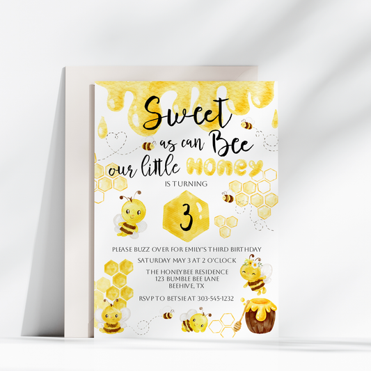 Sweet As Can Bee Birthday Invitation – Editable Bumble Bee Party Invite