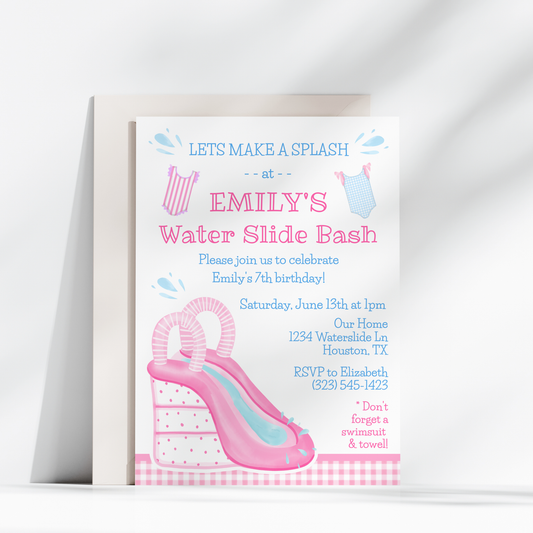 Pink Water Slide Birthday Invitation – Girls’ Summer Pool Party Printable