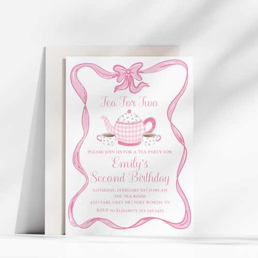 Tea for Two Birthday Invitation – Pink Gingham Teapot Party Invite