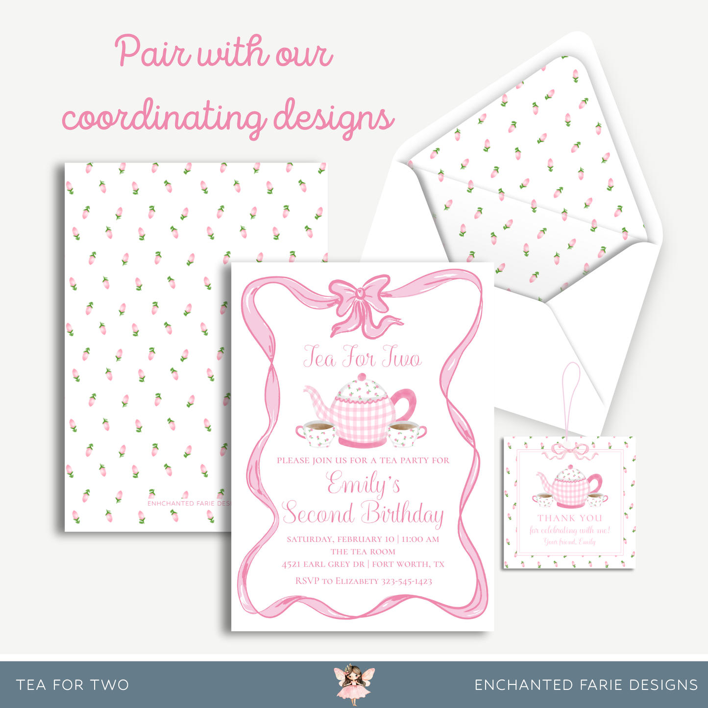 Tea for Two Birthday Invitation – Pink Gingham Teapot Party Invite