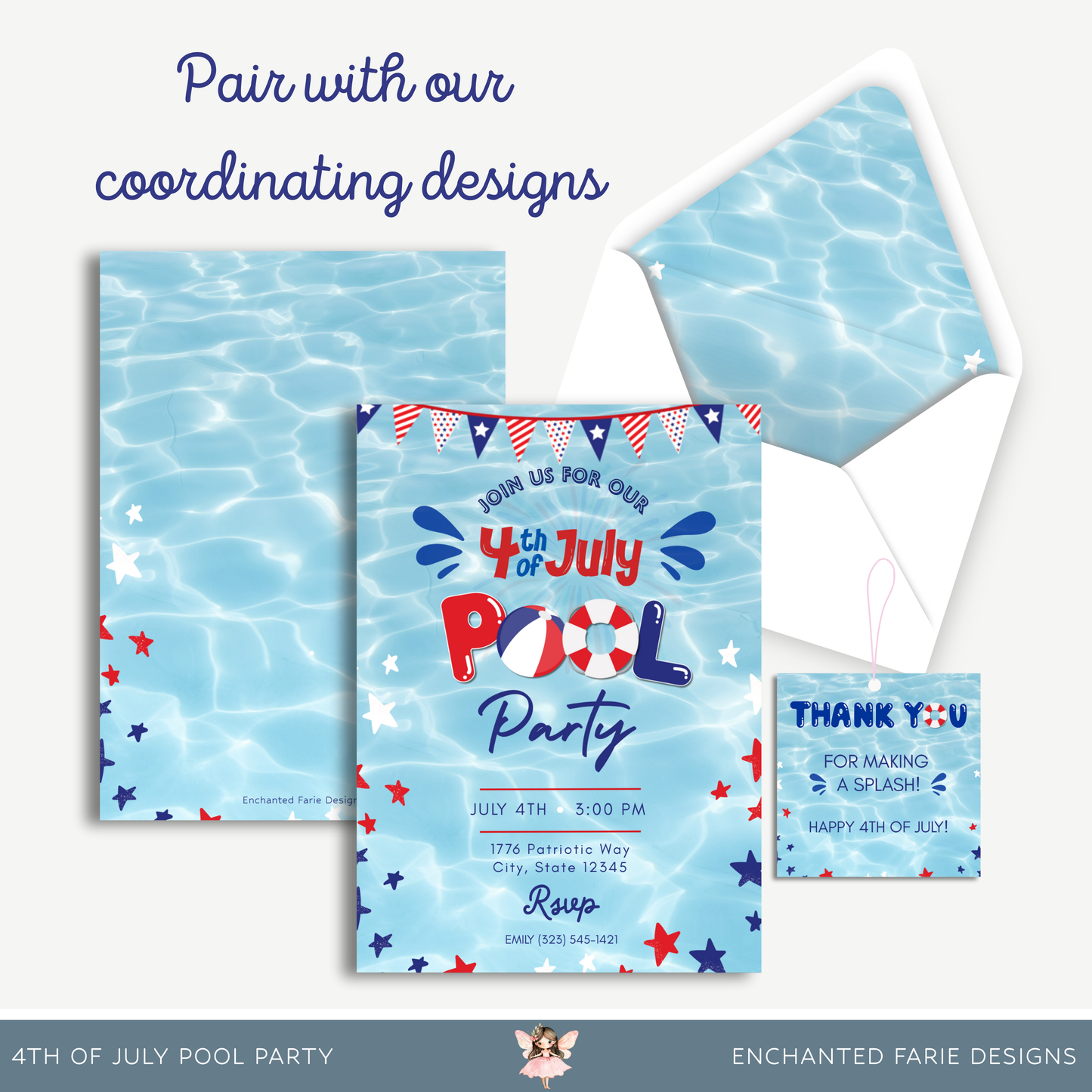 4th of July Pool Party Invitation | Editable Patriotic Summer Invite | Red, White & Blue Celebration