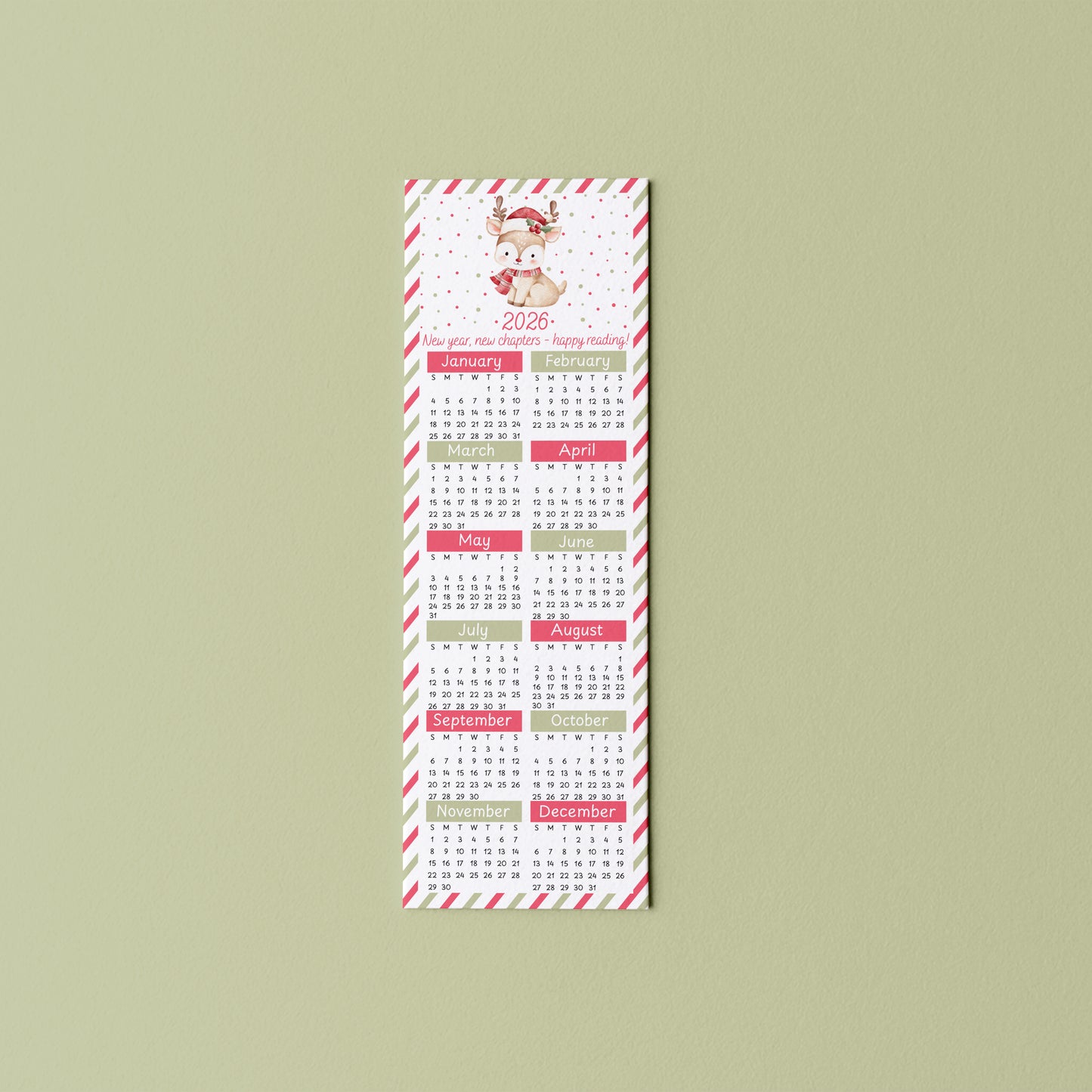 2026 Reindeer Calendar Bookmark