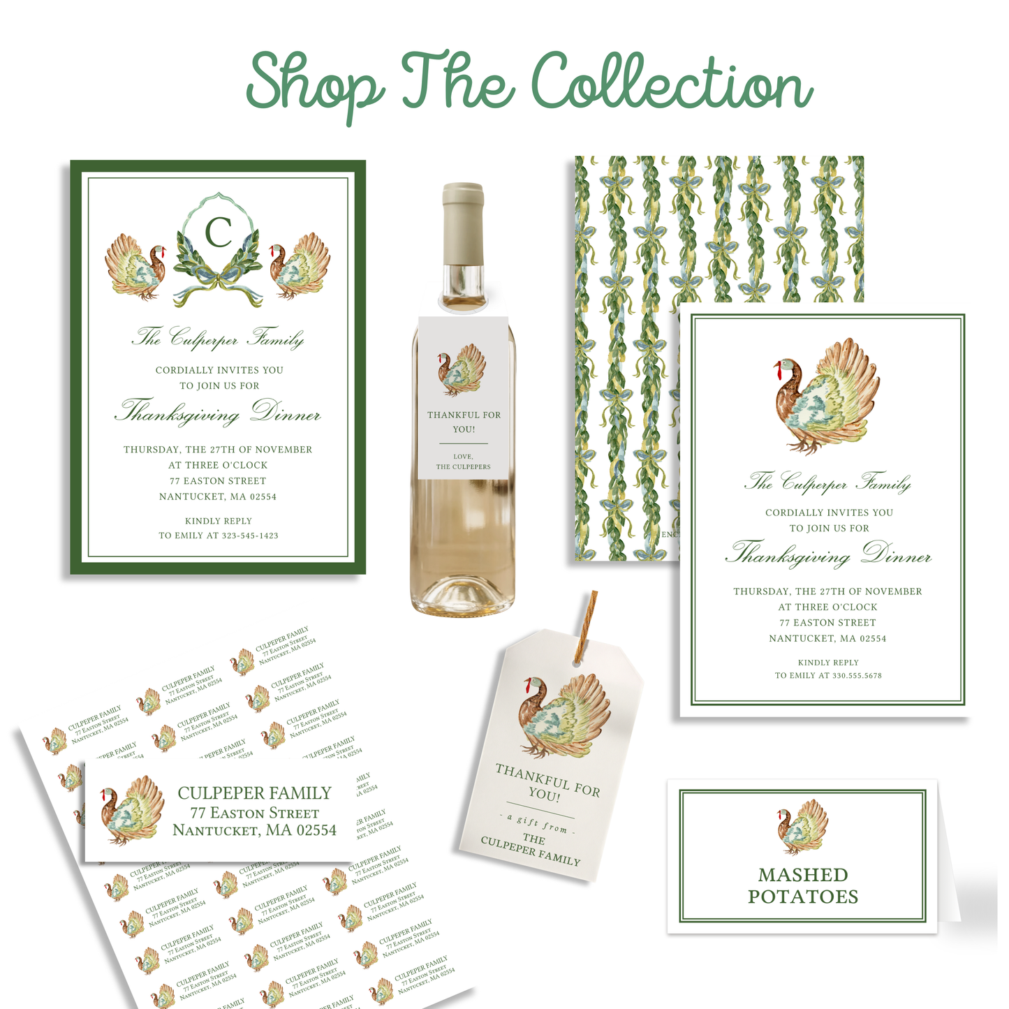 Thanksgiving Dinner Invitation – Elegant Turkeys & Laurel Design 5x7"