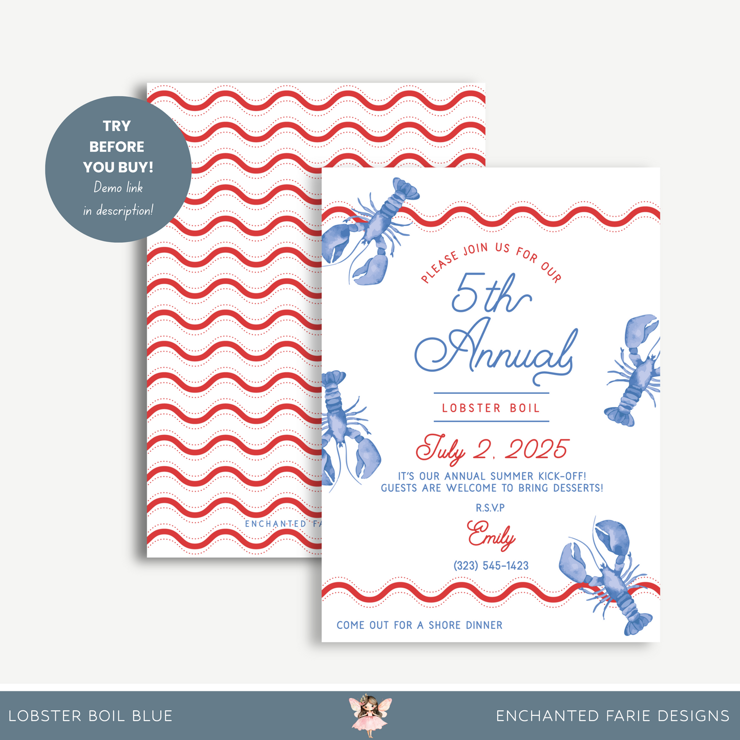 Lobster Boil Blue Invitation – 5th Annual Summer Party Printable