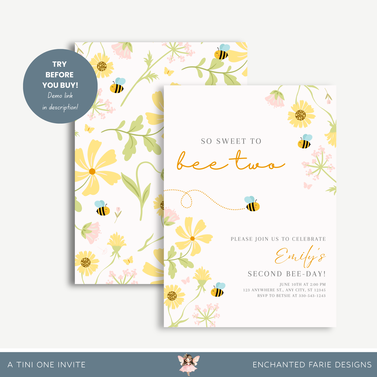 Bee Two Birthday Invitation – Editable Template